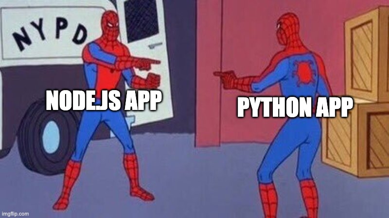 Two identical Spider-Men pointing at each other, one labeled Node.js app, the other Python app