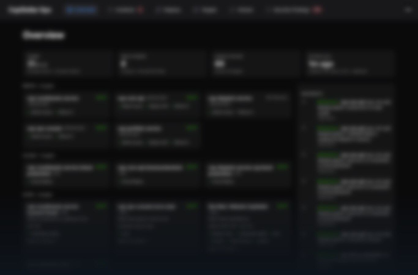 The ops console overview: a dark dashboard of status cards, nearly all green